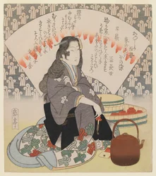 Serveerster en koperen ketel uit de serie van 5 Surimono voor de Katsushika Poëzieclub, c.1830